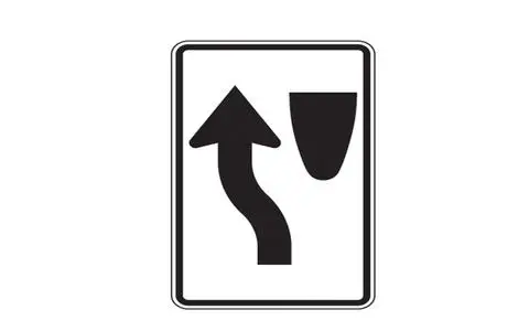 White regulatory sign showing an arrow passing to the left of a divider