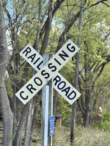 White X-shaped RAILROAD CROSSING crossbuck sign among bare trees