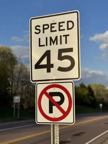 SPEED LIMIT 45 sign above a no-parking symbol